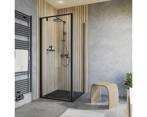 Porte de douche avec paroi latérale SCHULTE ExpressPlus Trend 2.0 90 x 90 cm profilé noir verre transparent revêtement de vitrage résistant à la saleté réversible