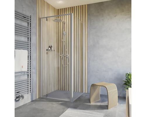 Porte de douche avec paroi latérale SCHULTE ExpressPlus Trend 2.0 90 x 90 cm profilé aluminium verre transparent revêtement de vitrage résistant à la saleté réversible