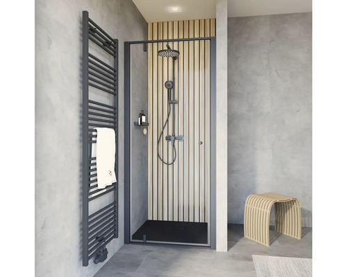 Porte de douche dans niche avec porte pivotante SCHULTE ExpressPlus Trend 2.0 90 cm couleur du profilé noir décor de vitre verre transparent avec verre antitache