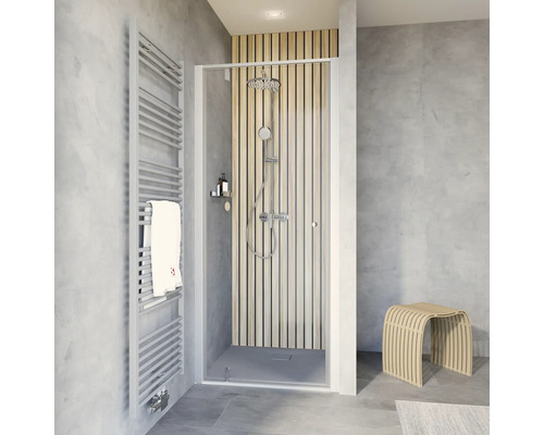 Porte de douche dans niche avec porte pivotante SCHULTE ExpressPlus Trend 2.0 90 cm couleur du profilé aluminium décor de vitre verre transparent avec verre antitache