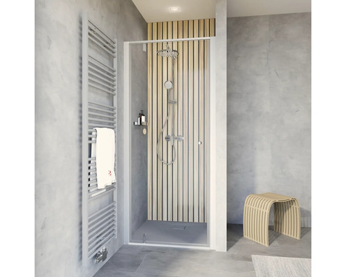 Porte de douche dans niche avec porte pivotante SCHULTE Trend 2.0 ExpressPlus 90 cm couleur du profilé aluminium décor de vitre verre transparent avec verre antitache