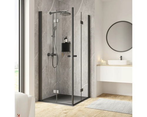 Accès d'angle avec porte pivotante pliante SCHULTE Garant 2.0 ExpressPlus 90 x 90 cm couleur du profilé noir décor de vitre verre transparent avec verre antitache butée de porte à gauche butée de porte à droite poignée tampon Douche d''angle avec cadre noir et système de douche dans une salle de bain