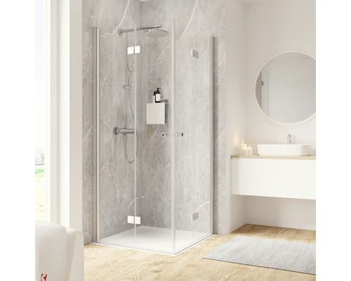 Eckeinstieg mit Drehfalttür SCHULTE Garant 2.0 ExpressPlus 90 x 90 cm Profil aluminium Klarglas schmutzabweisende Glasbeschichtung Türanschlag links Türanschlag rechts Puffergriff Modernes Badezimmer mit Duschkabine, Waschtisch und Spiegel