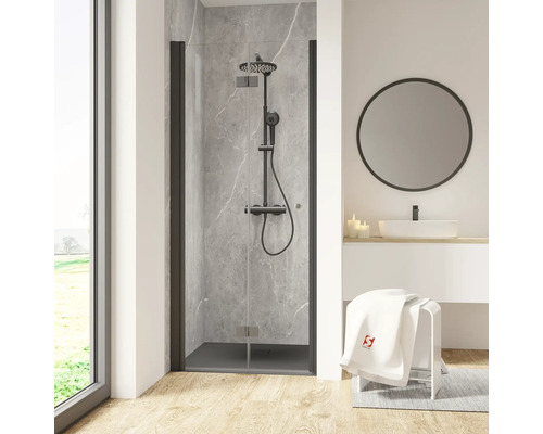 Porte de douche dans niche avec porte pivotante pliante SCHULTE Garant 2.0 ExpressPlus 90 cm couleur du profilé noir décor de vitre verre transparent avec verre antitache butée de porte à gauche poignée tampon