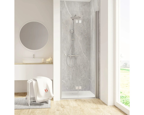 Duschtür in Nische mit Drehfalttür SCHULTE Garant 2.0 ExpressPlus 90 cm Profil aluminium Klarglas schmutzabweisende Glasbeschichtung Türanschlag rechts Puffergriff Badezimmer mit Duschabtrennung, Waschbecken und Spiegel