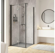 Badezimmer mit Duschkabine, Waschbecken und Spiegel