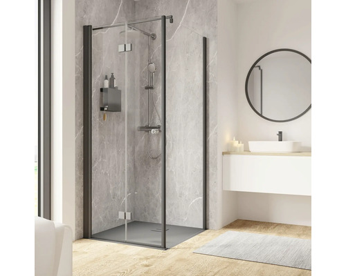 Porte de douche avec paroi latérale SCHULTE Garant 2.0 ExpressPlus 90 x 90 cm couleur du profilé noir décor de vitre verre transparent avec verre antitache butée de porte à gauche butée de paroi latérale à droite poignée tampon