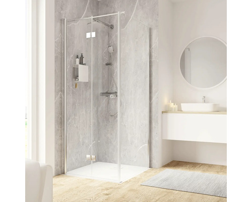 Porte de douche avec paroi latérale SCHULTE Garant 2.0 ExpressPlus 90 x 90 cm couleur du profilé chrome décor de vitre verre transparent avec verre antitache butée de porte à gauche butée de paroi latérale à droite poignée tampon