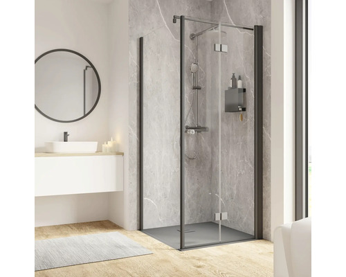 Porte de douche avec paroi latérale SCHULTE Garant 2.0 ExpressPlus 90 x 90 cm couleur du profilé noir décor de vitre verre transparent avec verre antitache butée de porte à droite poignée tampon