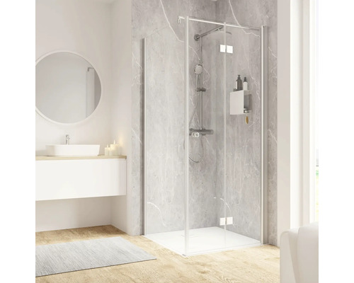 Porte de douche avec paroi latérale SCHULTE ExpressPlus Garant 2.0 90 x 90 cm profilé aluminium verre transparent revêtement de vitrage résistant à la saleté tirant droit butée de paroi latérale gauche poignée tampon