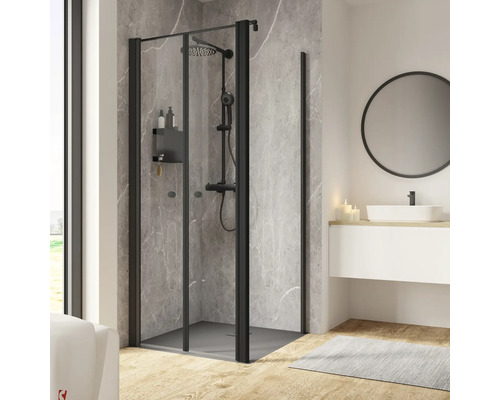 Porte de douche avec paroi latérale SCHULTE Garant 2.0 ExpressPlus 90 x 90 cm couleur du profilé noir décor de vitre verre transparent avec verre antitache butée de porte à gauche butée de paroi latérale à droite