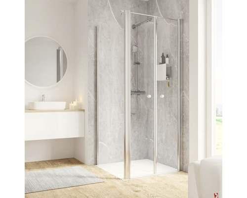 Porte de douche avec paroi latérale SCHULTE Garant 2.0 ExpressPlus 90 x 90 cm couleur du profilé chrome décor de vitre verre transparent avec verre antitache butée de porte à droite butée de paroi latérale à gauche Salle de bain moderne avec douche, lavabo et miroir