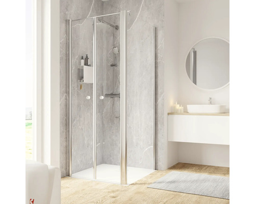 Porte de douche avec paroi latérale SCHULTE ExpressPlus Garant 2.0 80 x 80 cm profilé chrome verre transparent revêtement de vitrage résistant à la saleté tirant gauche butée de paroi latérale droite