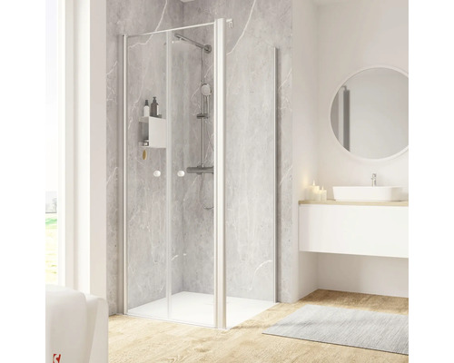 Porte de douche avec paroi latérale SCHULTE ExpressPlus Garant 2.0 80 x 80 cm profilé aluminium verre transparent revêtement de vitrage résistant à la saleté tirant gauche butée de paroi latérale droite