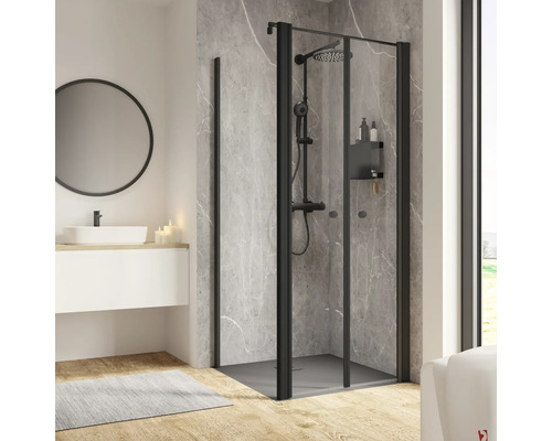 Porte de douche avec paroi latérale SCHULTE ExpressPlus Garant 2.0 80 x 80 cm profilé noir verre transparent revêtement de vitrage résistant à la saleté tirant droit butée de paroi latérale gauche
