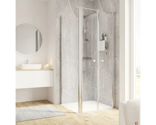 Porte de douche avec paroi latérale SCHULTE ExpressPlus Garant 2.0 80 x 80 cm profilé chrome verre transparent revêtement de vitrage résistant à la saleté tirant droit butée de paroi latérale gauche