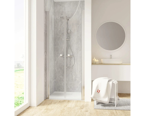 Porte de douche dans niche avec porte battante SCHULTE Garant 2.0 ExpressPlus 90 cm couleur du profilé chrome décor de vitre verre transparent avec verre antitache butée de porte à gauche butée de porte à droite