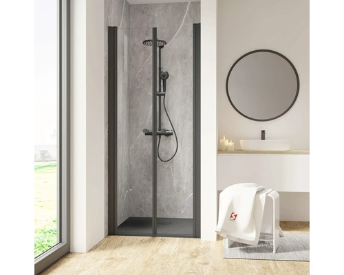 Duschtür in Nische mit Pendeltür SCHULTE Garant 2.0 ExpressPlus 90 cm Profil schwarz Klarglas schmutzabweisende Glasbeschichtung Türanschlag links Türanschlag rechts Modernes Badezimmer mit schwarzer Duschkabine, Waschbecken und rundem Spiegel