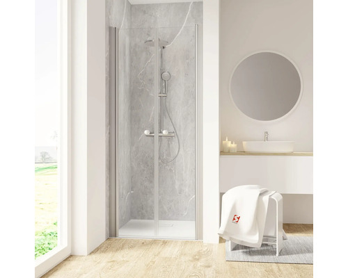 Duschtür in Nische mit Pendeltür SCHULTE Garant 2.0 ExpressPlus 100 cm Profil aluminium Klarglas schmutzabweisende Glasbeschichtung Türanschlag links Türanschlag rechts Modernes Badezimmer mit Duschkabine, Waschtisch und Spiegel