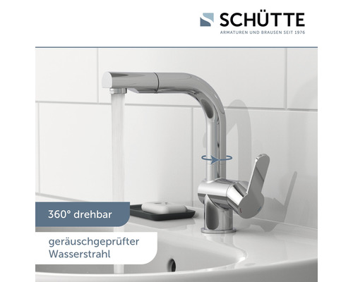 Waschtischarmatur aus Metall mit schwenkbarem Auslauf im Waschbecken