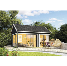 Abri de jardin avec portes coulissantes, terrasse avec sièges dans le jardin
