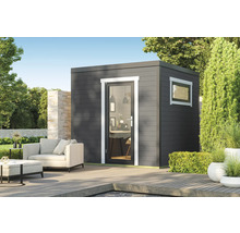 Modernes Gartenbüro aus Holz mit Fenster und Glastür auf einer Holzterrasse