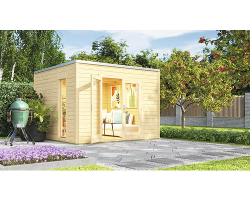 Gartenhaus weka P 1 inkl. Fußboden 300 x 302,5 cm natur Gartenszene mit Holzgartenhaus mit geöffneten Doppeltüren, Grill und Bepflanzung