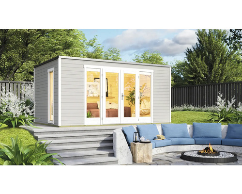Abri de jardin weka P 2 avec plancher 450 x 302,5 cm gris clair Abri de jardin avec portes en verre et coin salon extérieur