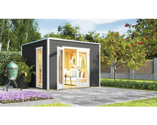 Abri de jardin weka P 1 avec plancher 300 x 302,5 cm gris graphite Jardin avec abri de jardin moderne, barbecue et plantations sur une surface pavée.