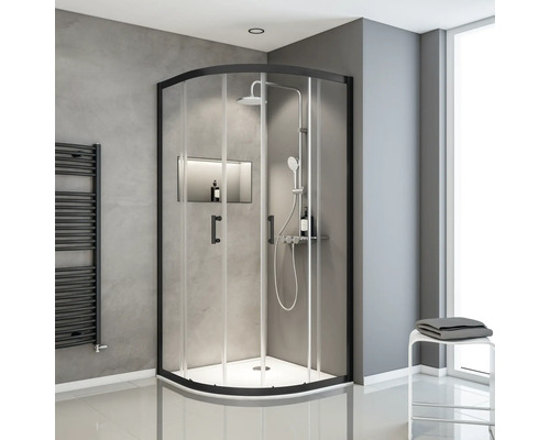 Douche ronde avec porte coulissante SCHULTE Sunny 90 x 90 cm couleur du profilé noir décor de vitre verre transparent butée de porte à gauche butée de porte à droite