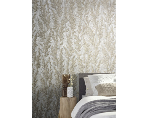 Schlafzimmer mit Tapete mit Gräser-Design