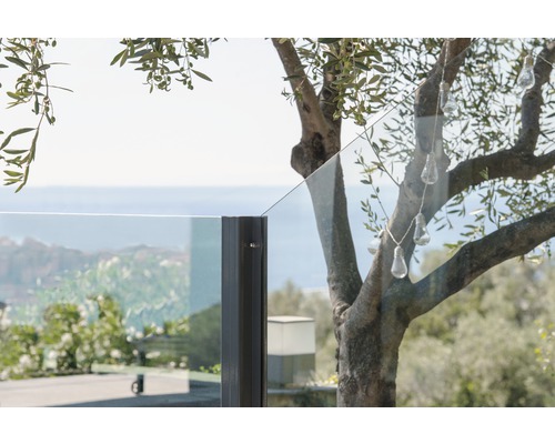 Gros plan d''un garde-corps en verre avec arbre et guirlande lumineuse à l''extérieur