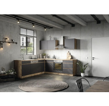 Helle Küche im Loftstil mit grauen Schränken und Arbeitsplatten in Holzoptik