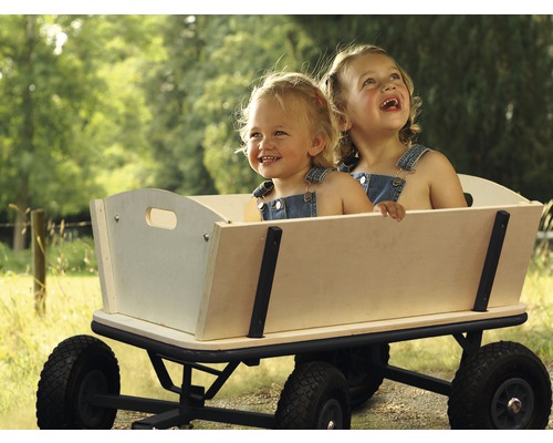Zwei lachende Kinder sitzen in einem Bollerwagen aus Holz mit schwarzen Rädern.