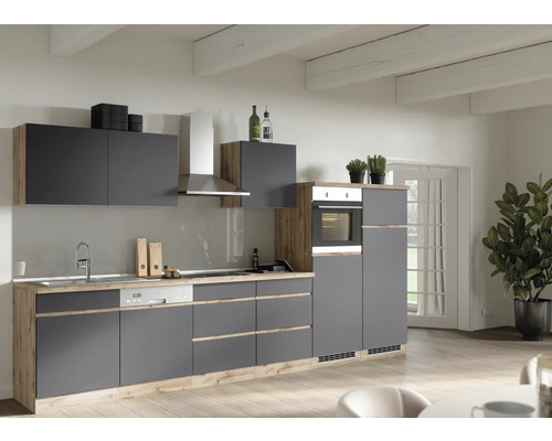 Cuisine moderne avec façades grises et accents en bois.