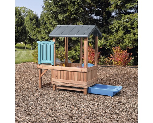 Sandkasten mit Spielhaus aus Holz und Kunststoff für den Aussenbereich