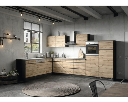Held Möbel Winkelküche mit Geräten PISA 360 cm Frontfarbe wildeiche matt Korpusfarbe graphit zerlegt