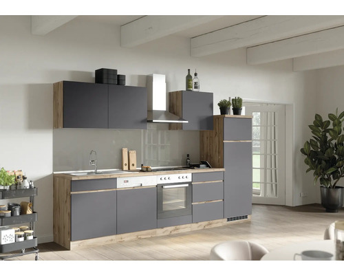 Cuisine moderne avec façades grises et éléments en bois