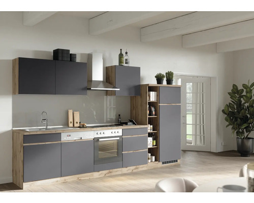 Bloc cuisine complète équipée Held Möbel PISA 330 cm façade gris mate, corps chêne sauvage variante réversible démonté