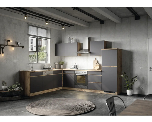 wildeiche Winkelküche cm matt grau HORNBACH mit Geräten Frontfarbe Held Korpusfarbe Luxemburg PISA Möbel 300 - zerlegt