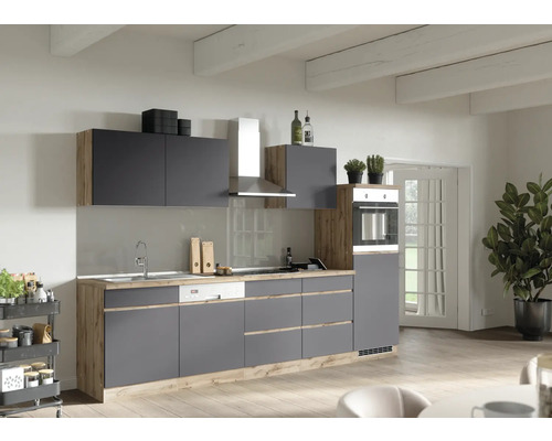 Moderne Küche mit grauen Fronten und Holzdekor