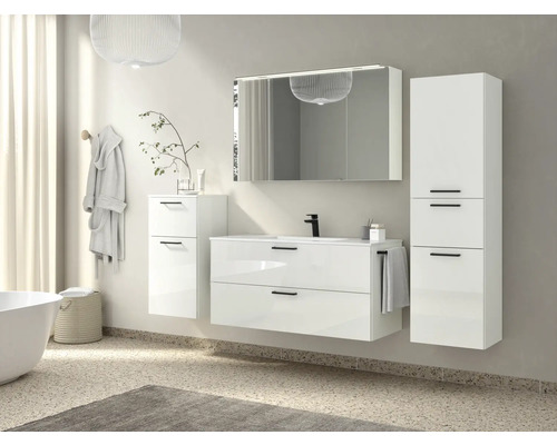 Salle de bains avec meuble-lavabo, armoire de toilette et armoire haute