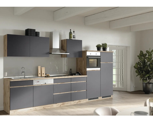 Held Möbel Küchenzeile mit Geräten PISA 360 cm Frontfarbe grau matt  Korpusfarbe wildeiche zerlegt - HORNBACH Luxemburg