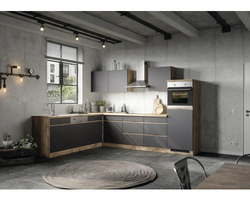 Held Möbel Winkelküche mit Geräten PISA 300 cm grau matt zerlegt Variante reversibel