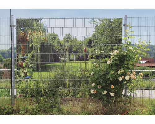 Doppelstabmattenzaun mit Gartendekoration und Pflanzen