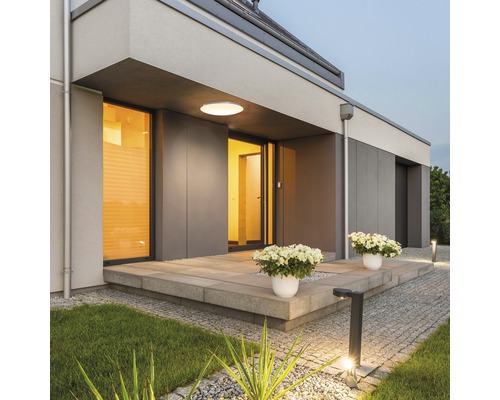 Hauseingangsbereich mit Aussenbeleuchtung und Pflanzen in Töpfen