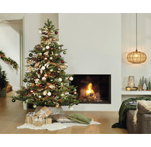 Sapin de Noël décoré pour les fêtes à côté d'une cheminée dans un salon lumineux.