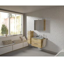 Helles Badezimmer mit Waschtischunterschrank, Spiegelschrank, Hochschrank und Fensterbank