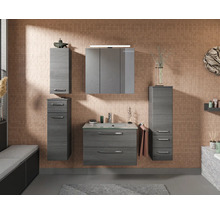 Modernes Badezimmer mit grauen Badmöbeln, Waschtisch, Spiegelschrank und Hochschrank