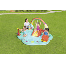 Aufblasbares Planschbecken mit Rutsche, Regenbogen und Wassersprühern im Garten mit spielenden Kindern und Erwachsenen.